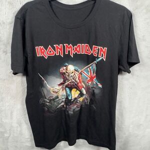 Iron Maiden‎ Graphic T Shirt Black Short Sleeve Eddie The Trooper British Flag